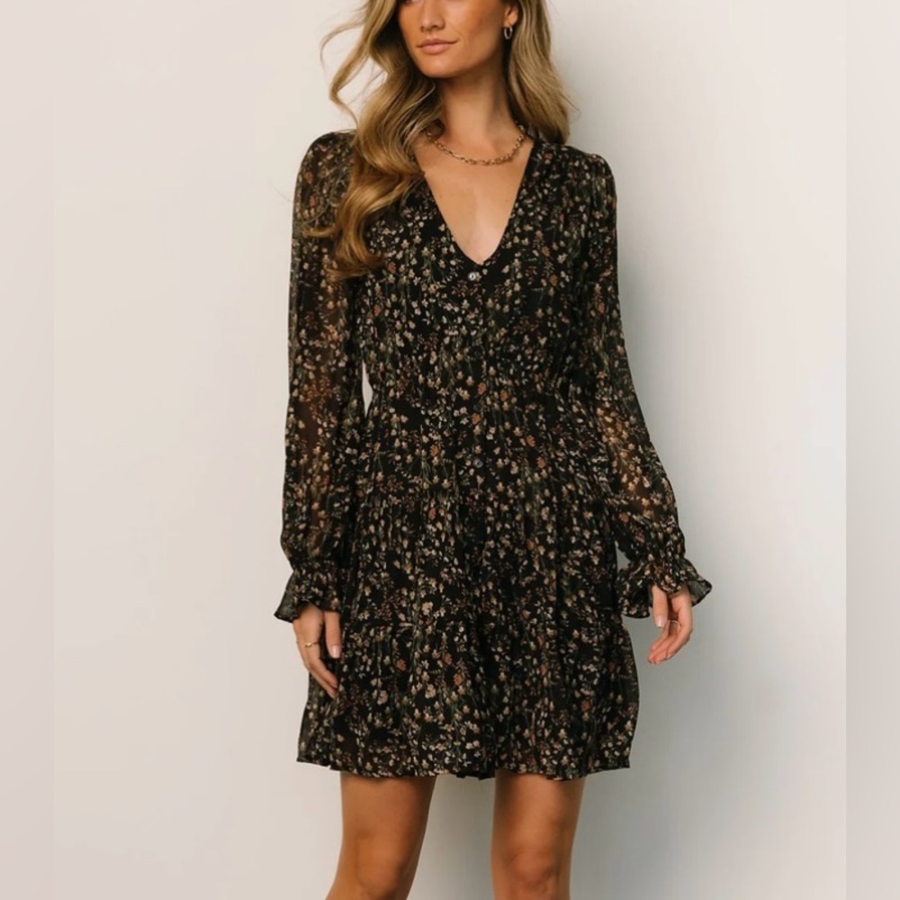 Baltic Born Black Floral Long Sleeve Tiered Dress